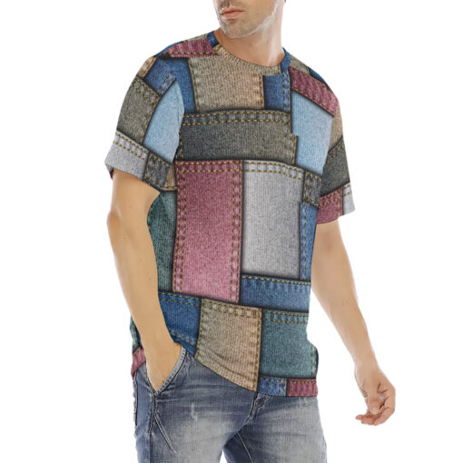 Denim Patchwork Men's T-Shirt - Image 3