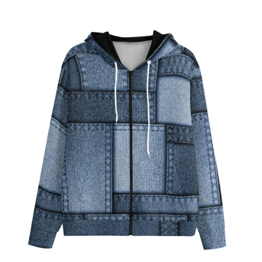 Denim Patchwork Men's Zip Up Hoodie