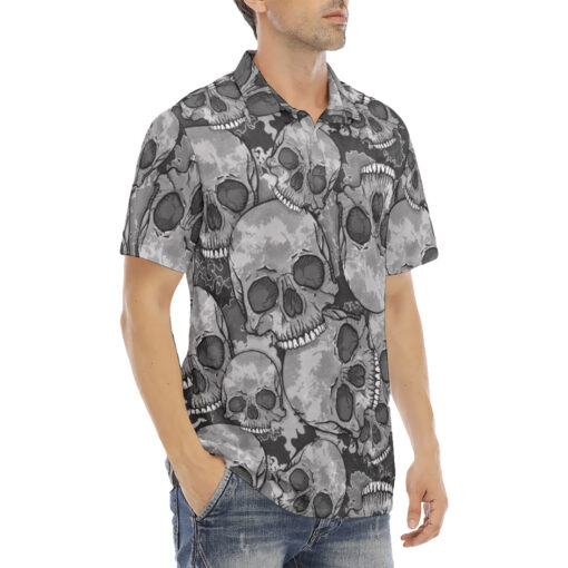 Gray Skulls Camouflage Velvet Polo Shirt - Image 3