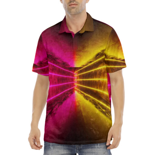 Red Yellow Futuristic Glowing Neon Velvet Polo Shirt - Image 2