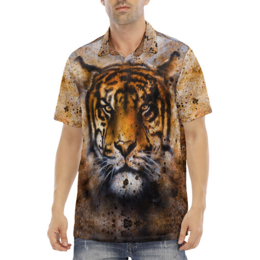 Rust Tiger Collage Velvet Polo Shirt - Image 2