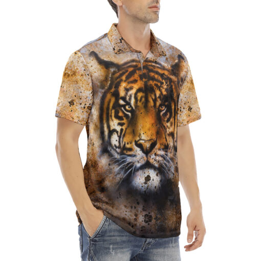 Rust Tiger Collage Velvet Polo Shirt - Image 3