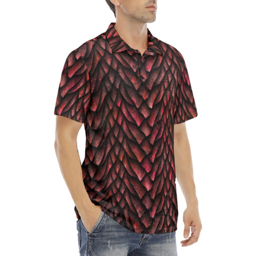 Red Dragon Scales Velvet Polo Shirt - Image 3