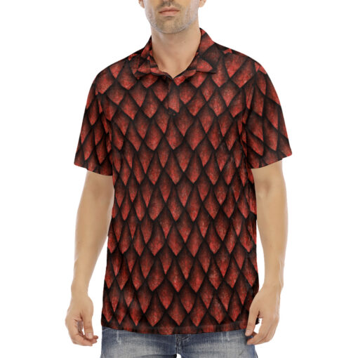 Red Dragon Scales Velvet Polo Shirt - Image 2