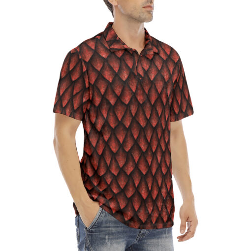 Red Dragon Scales Velvet Polo Shirt - Image 3