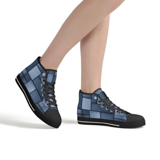 Denim Patchwork High-Top Canvas Shoes - Image 7