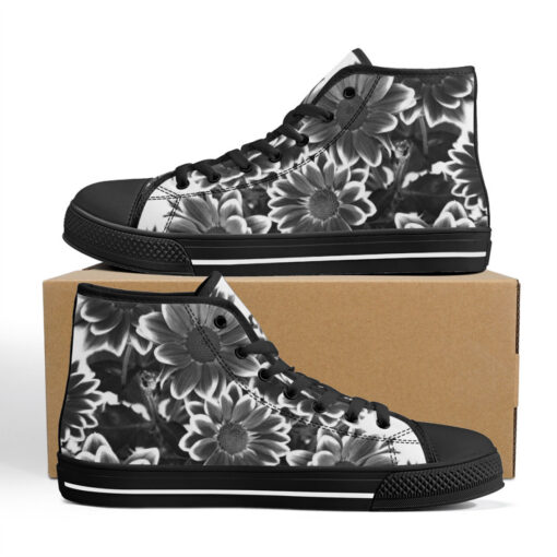 Black and White Flowers High-Top Canvas Shoes