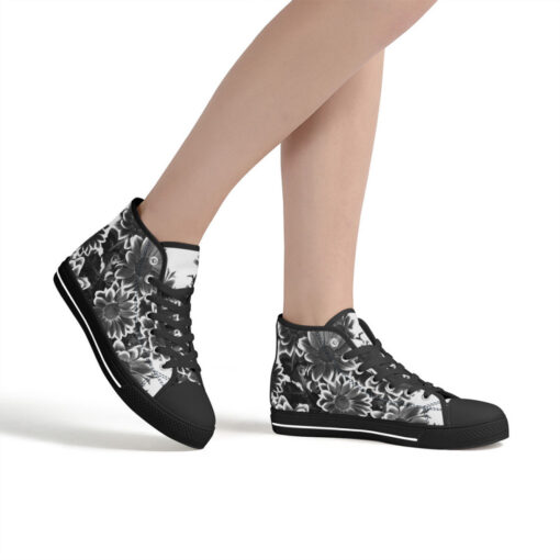 Black and White Flowers High-Top Canvas Shoes - Image 7