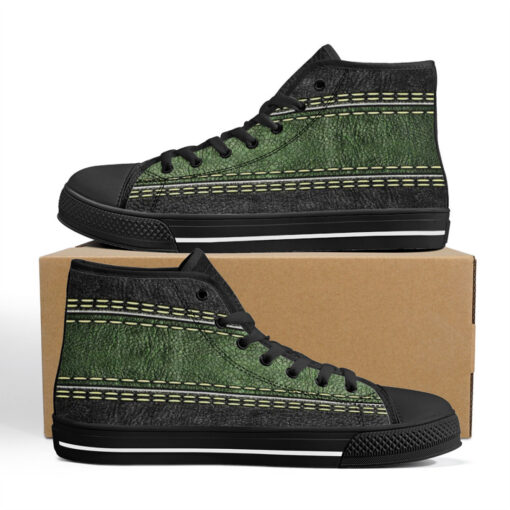 Leather Texture Green Stripe High-Top Canvas Shoes