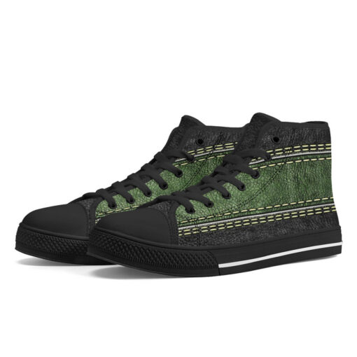 Leather Texture Green Stripe High-Top Canvas Shoes - Image 2