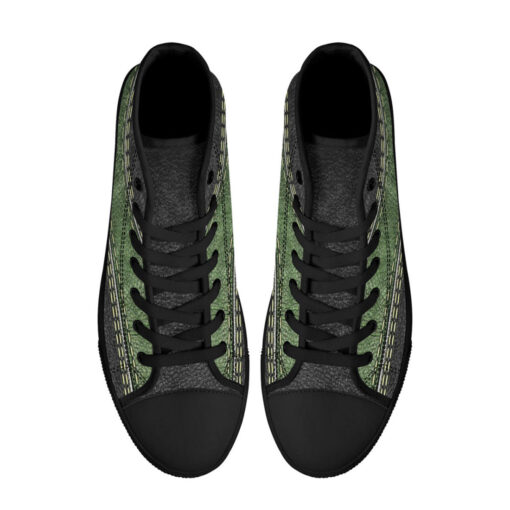 Leather Texture Green Stripe High-Top Canvas Shoes - Image 3