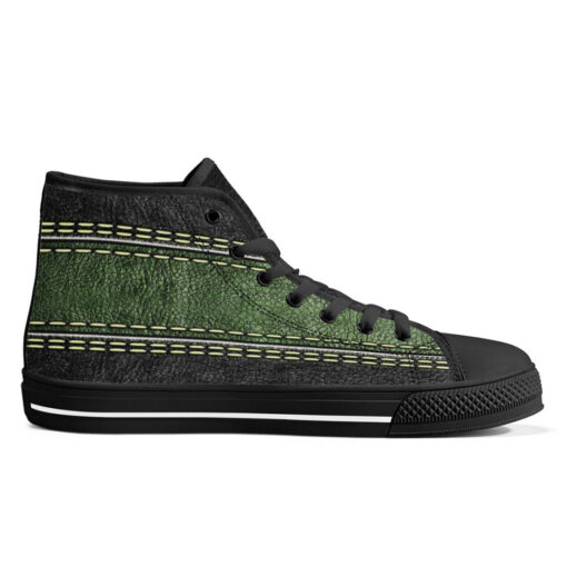 Leather Texture Green Stripe High-Top Canvas Shoes - Image 5