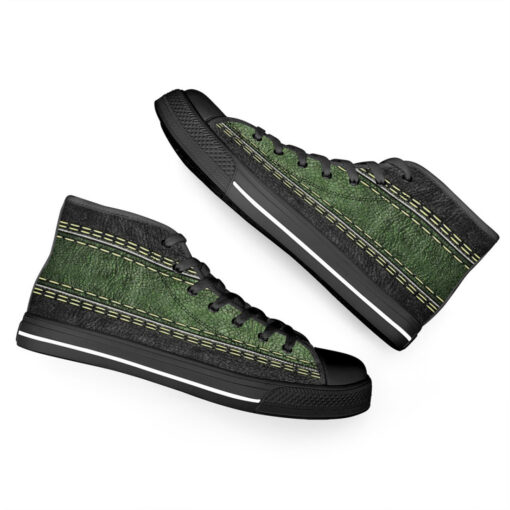 Leather Texture Green Stripe High-Top Canvas Shoes - Image 6