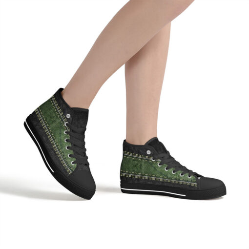 Leather Texture Green Stripe High-Top Canvas Shoes - Image 7