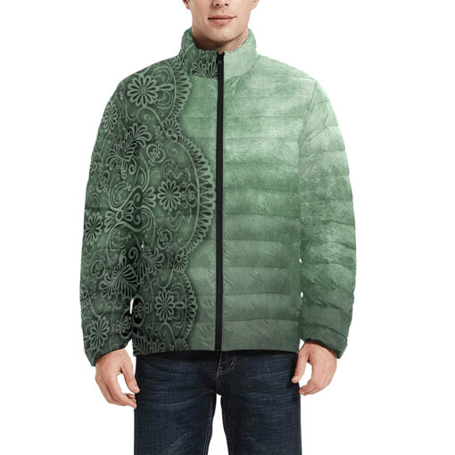 Green Lace Ornament Men's Padded Jacket - Image 3