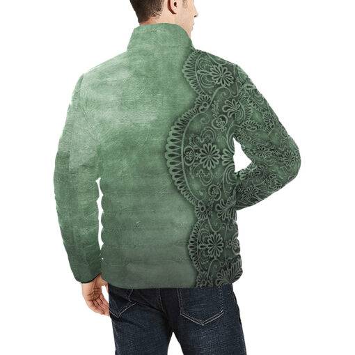 Green Lace Ornament Men's Padded Jacket - Image 4