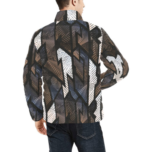 Retro Brown Geometric Men's Padded Jacket - Image 4