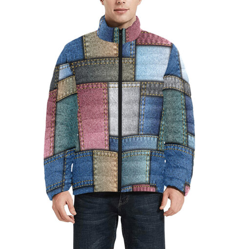 Denim Patchwork Men's Padded Jacket - Image 3