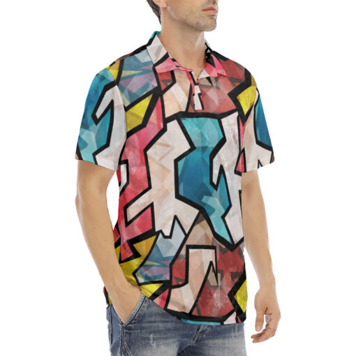 Bright Graffiti Geometric Velvet Polo Shirt - Image 3