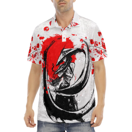 Samurai Sakura Bloody Sunset Velvet Polo Shirt - Image 2