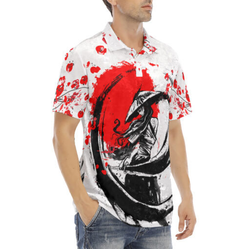 Samurai Sakura Bloody Sunset Velvet Polo Shirt - Image 3