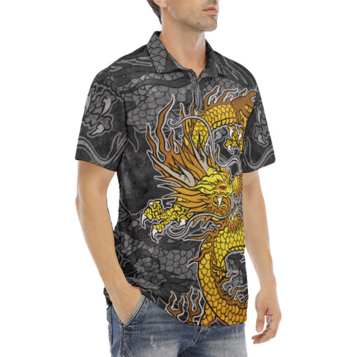 Golden Dragon Tattoo Velvet Polo Shirt - Image 3