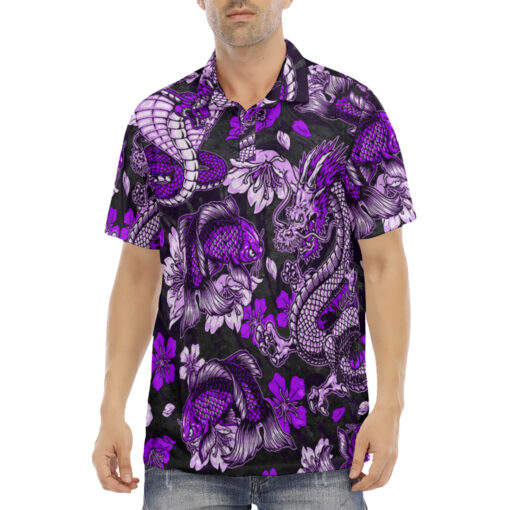 Japanese Dragon Snake Koi Fish Velvet Polo Shirt - Image 2