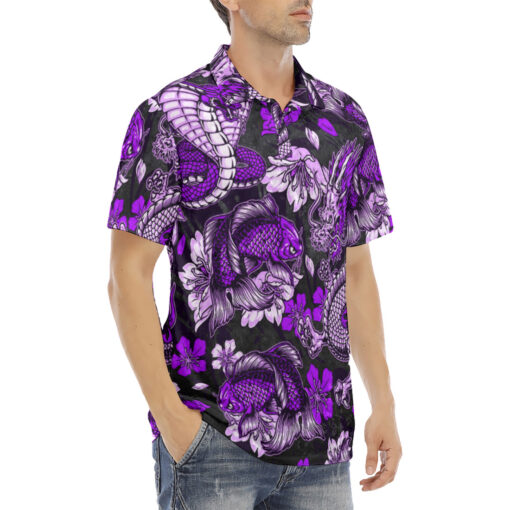 Japanese Dragon Snake Koi Fish Velvet Polo Shirt - Image 3