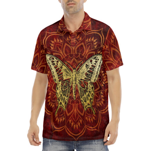 Golden Butterfly on Red Velvet Polo Shirt - Image 2