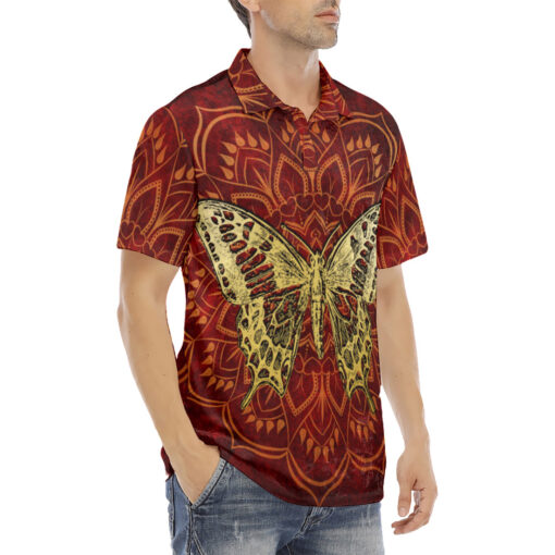 Golden Butterfly on Red Velvet Polo Shirt - Image 3