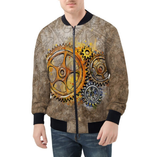 Steampunk Gears Watercolor Bomber Jacket - Image 2