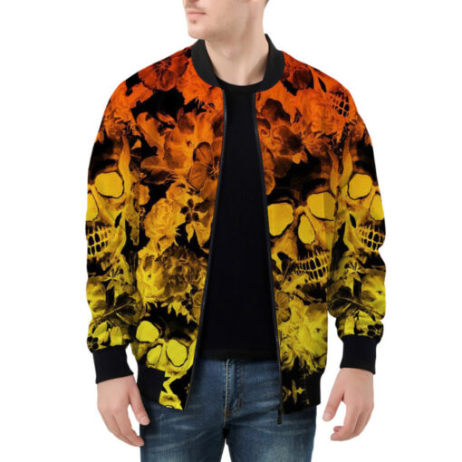 Yellow Orange Skulls Flowers Bomber Jacket