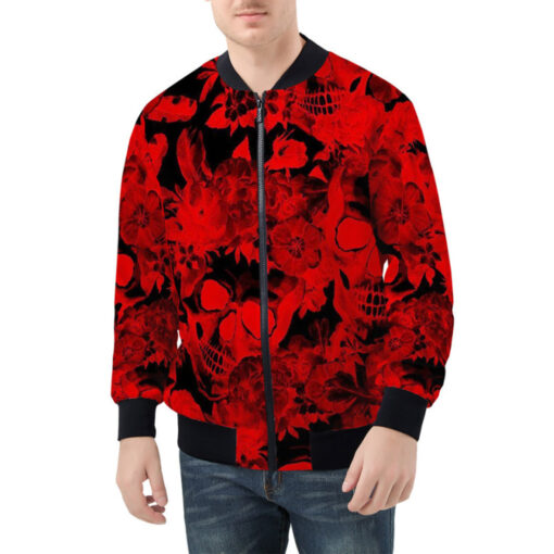 Red Skulls Flowers Flowers Bomber Jacket - Image 2