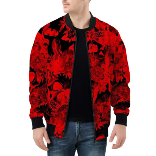 Red Skulls Flowers Flowers Bomber Jacket