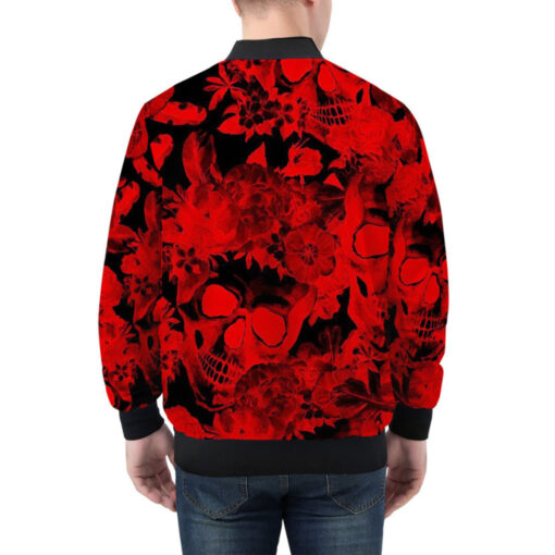 Red Skulls Flowers Flowers Bomber Jacket - Image 3