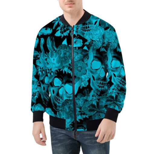 Aqua Blue Skulls with Flowers Bomber Jacket - Image 2