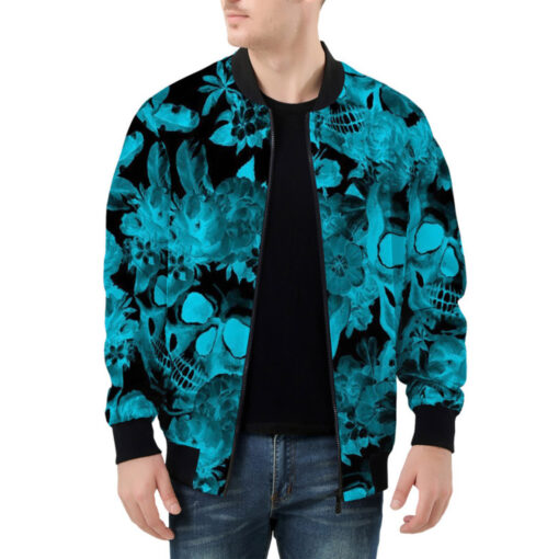 Aqua Blue Skulls with Flowers Bomber Jacket