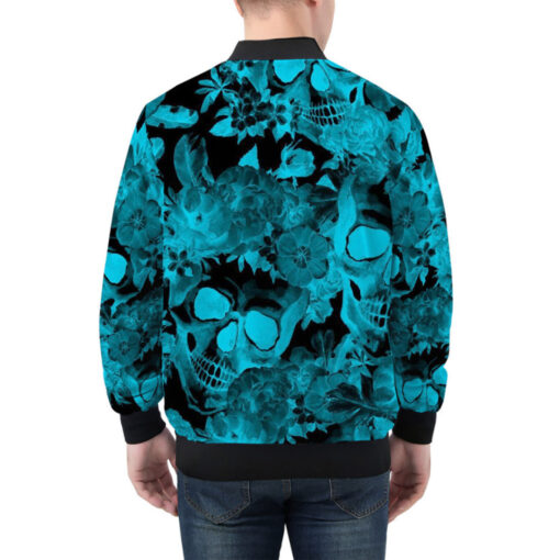 Aqua Blue Skulls with Flowers Bomber Jacket - Image 3