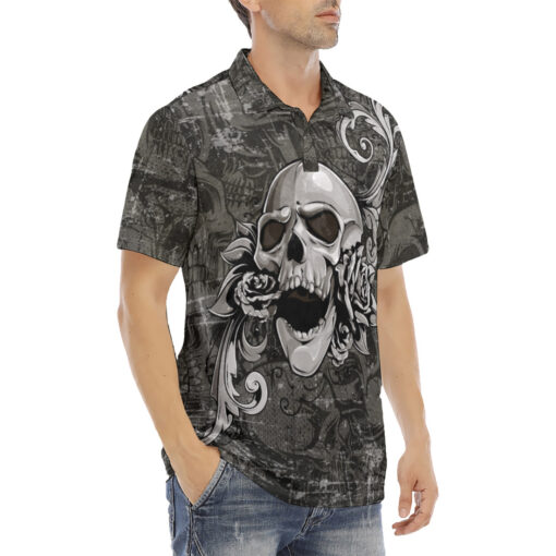 Skull with Flowers Velvet Polo Shirt - Image 3