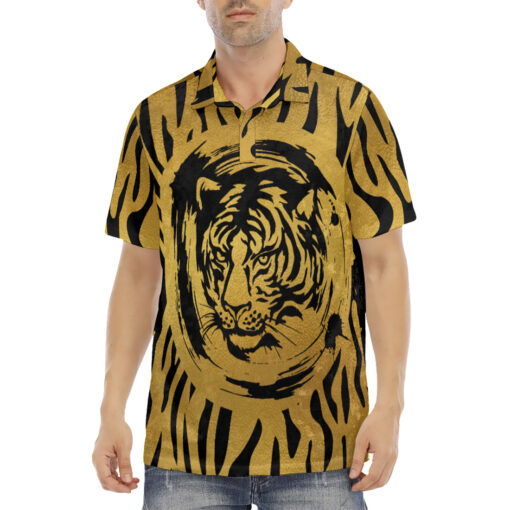 Black Tiger on Gold Velvet Polo Shirt - Image 2