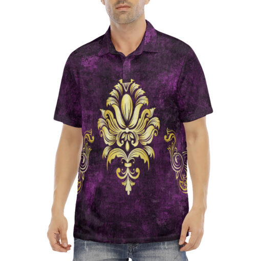 Gold on Purple Damask Ornament Velvet Polo Shirt - Image 2