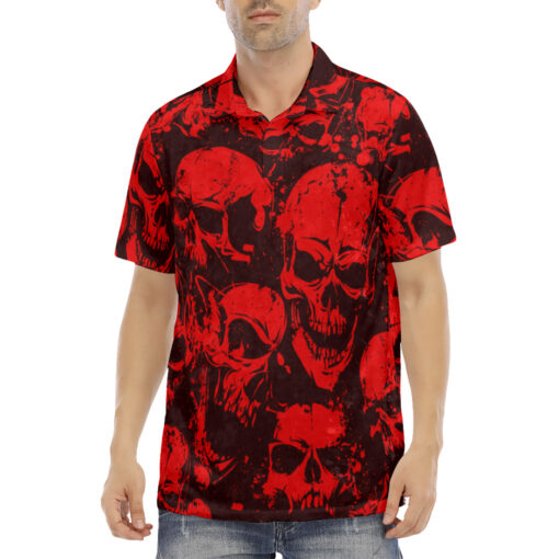 Red Grunge Skulls Velvet Polo Shirt - Image 2