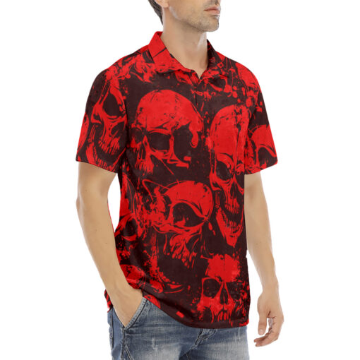 Red Grunge Skulls Velvet Polo Shirt - Image 3