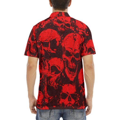 Red Grunge Skulls Velvet Polo Shirt - Image 4