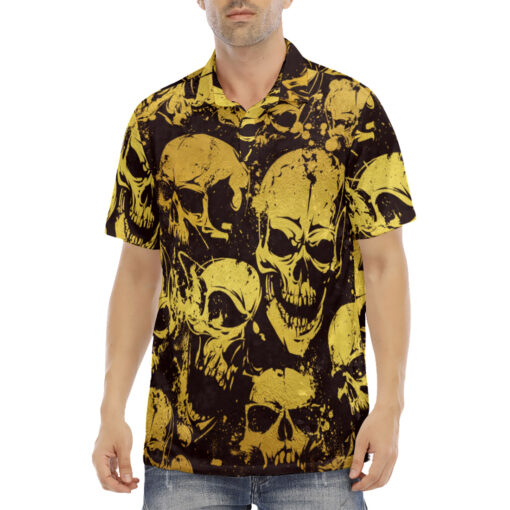 Gold Grunge Skulls Velvet Polo Shirt - Image 2