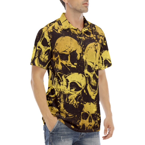 Gold Grunge Skulls Velvet Polo Shirt - Image 3