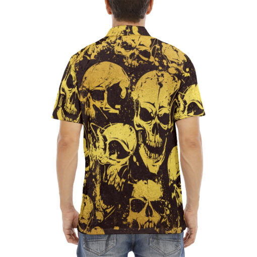 Gold Grunge Skulls Velvet Polo Shirt - Image 4