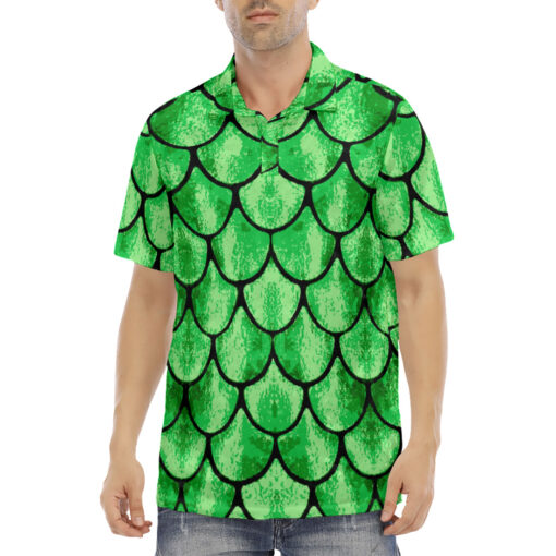 Green Glow Fish Scales Velvet Polo Shirt - Image 2