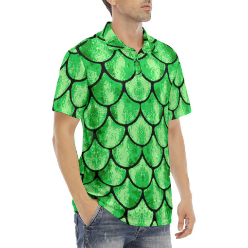 Green Glow Fish Scales Velvet Polo Shirt - Image 3