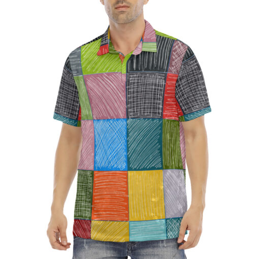 Patchwork Stroke Drawing Velvet Polo Shirt - Image 2